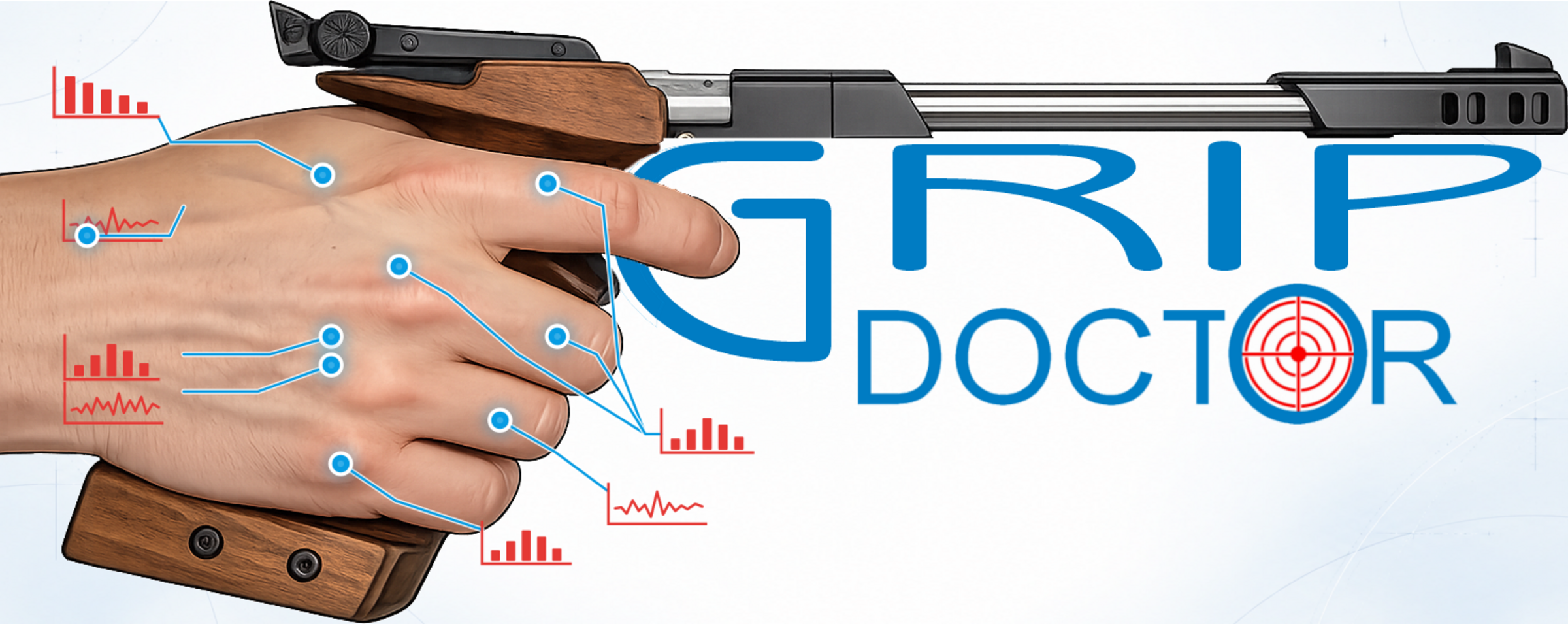GripDoctor — a hand gripping a competition pistol with sensor points mapped across the fingers and pressure readouts beside each one, next to the GripDoctor wordmark