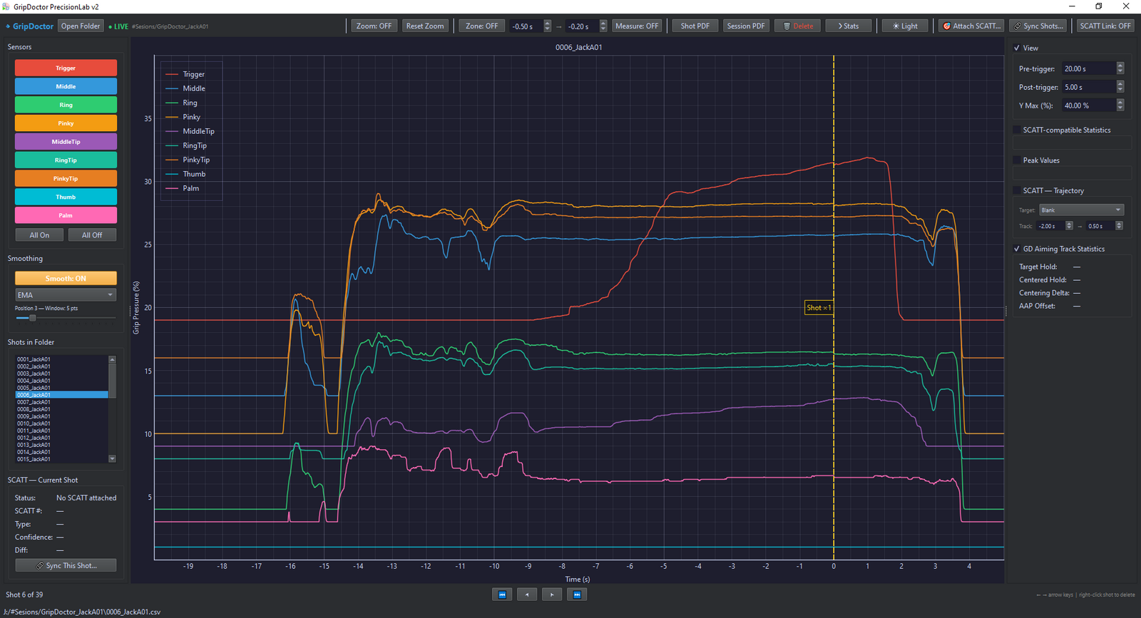 GripDoctor Player showing a recorded shot with synchronised pressure traces and session details