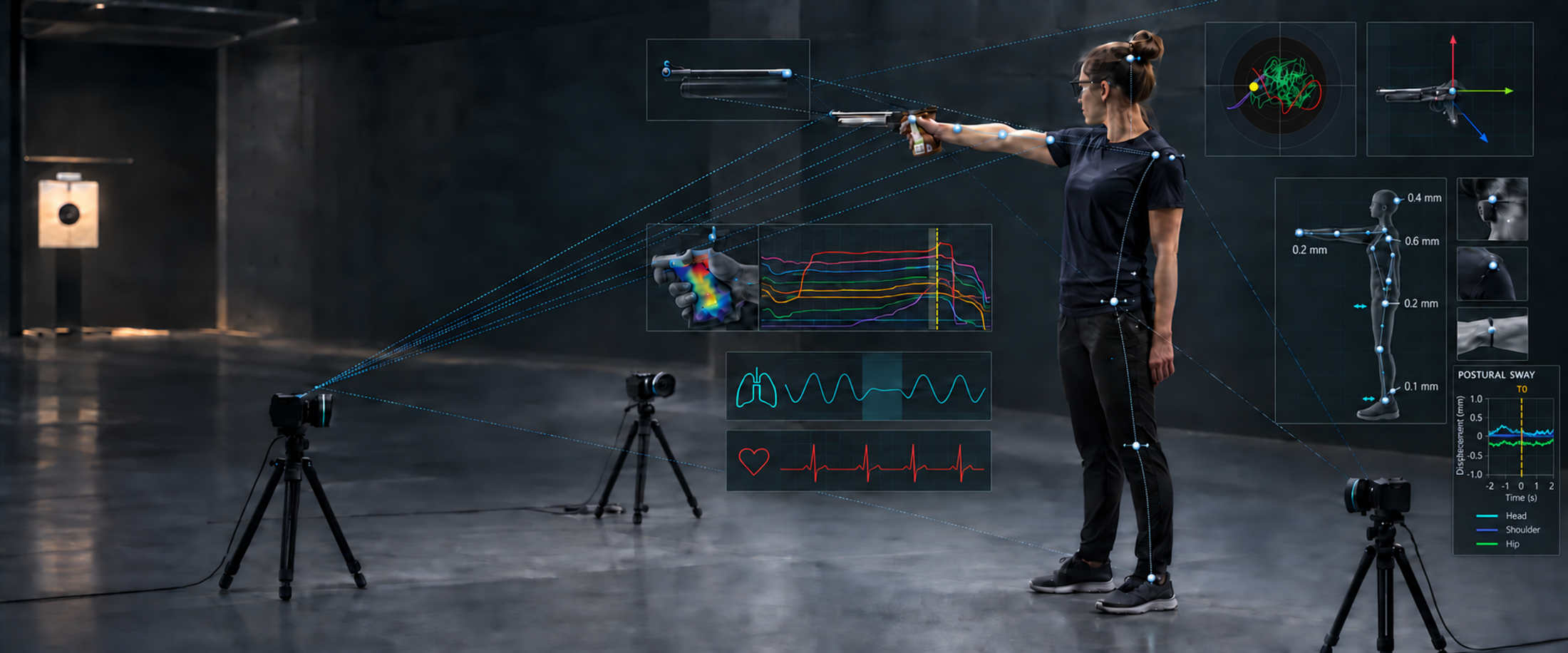 Concept visualisation of PrecisionLab — a shooter tracked by cameras and sensors, with grip pressure, aiming trace, respiration and heart-rate data overlaid