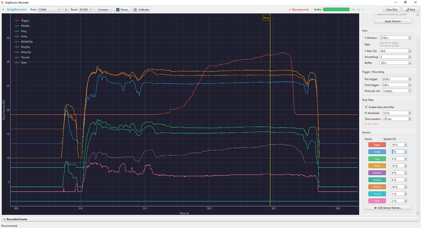 GripDoctor Recorder displaying live grip and trigger pressure traces during a shot